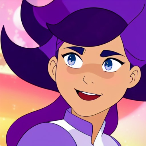 a photo of a woman with long purple hairwith a happy expression floating in space, dwspop style